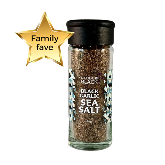 Neudorf Black Garlic Sea Salt in reusable 80g glass shaker - Marlborough Sea Salt blended with black garlic powder