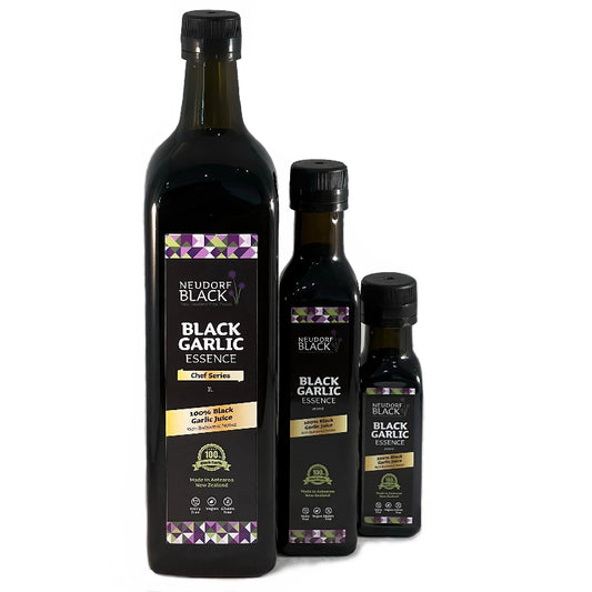 Black Garlic Essence in 3 bottles of different sizes: 1 litre, 250ml bottle, 100ml bottle