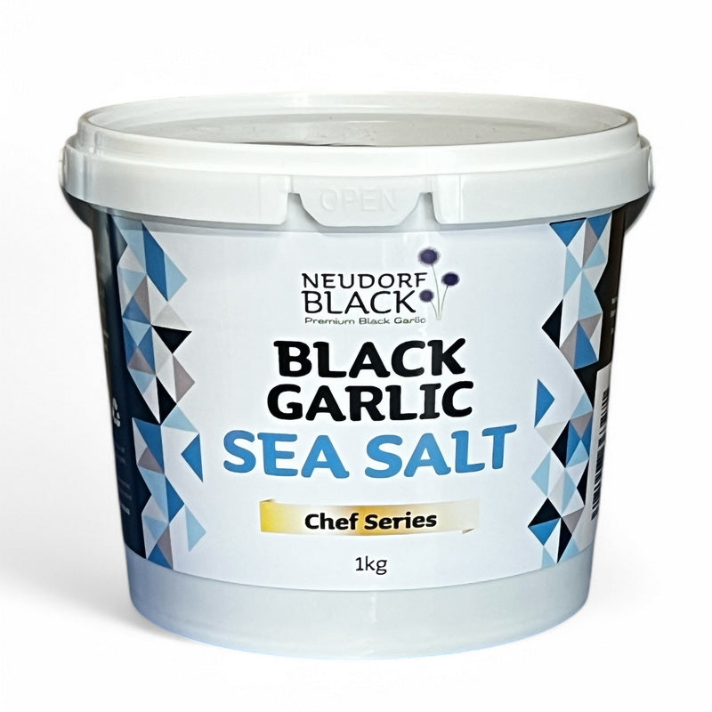 Neudorf Black Garlic Sea Salt in 1kg plastic tub - Marlborough Sea Salt blended with black garlic powder