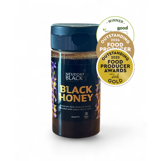 Tube of Neudorf Black - Black Garlic Honey with 3 award stickers