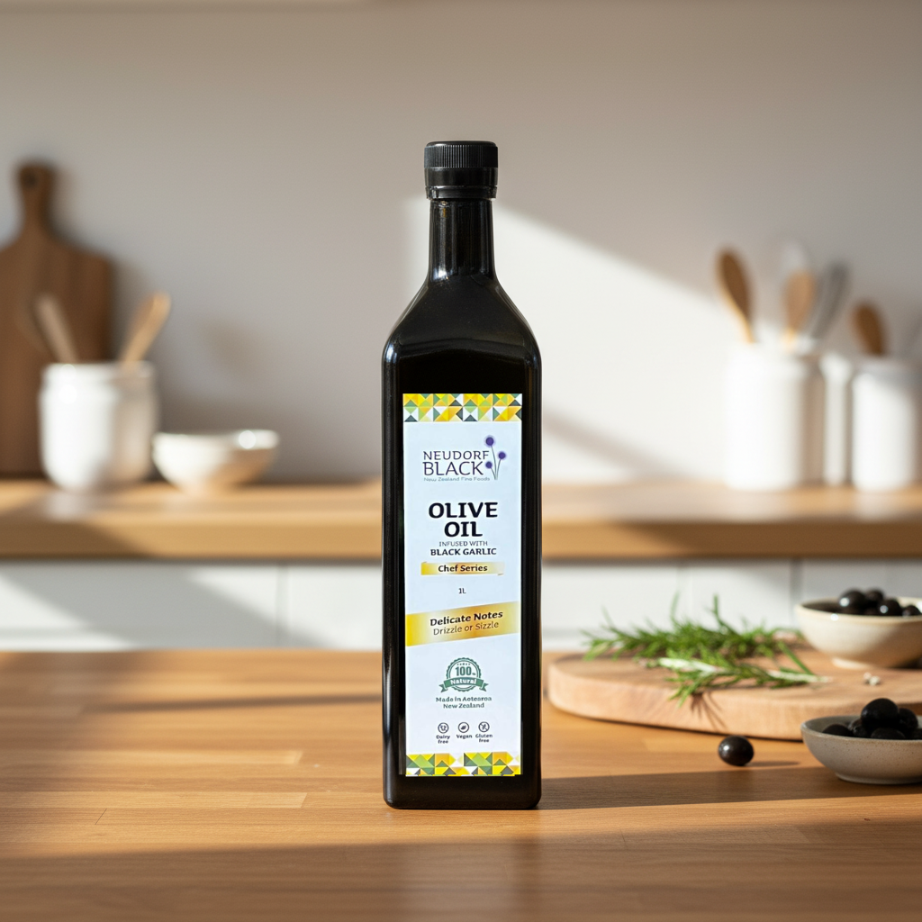 A 1L bottle of Neudorf Black Garlic Olive Oil stands on a wooden countertop in a warm, softly blurred kitchen setting.