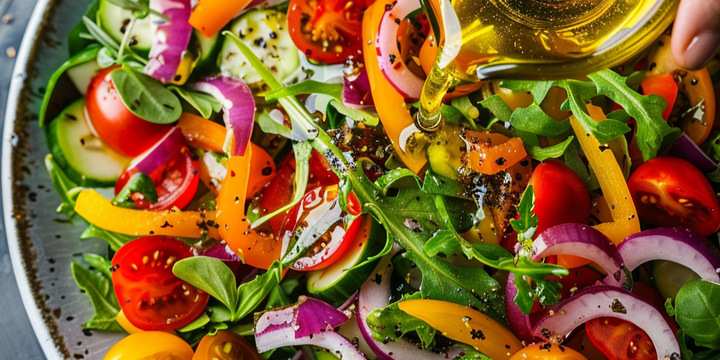 oil being poured on salad