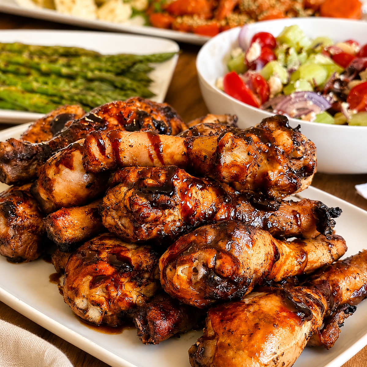 a plate of chicken drumsticks covered in black garlic bbq sauce