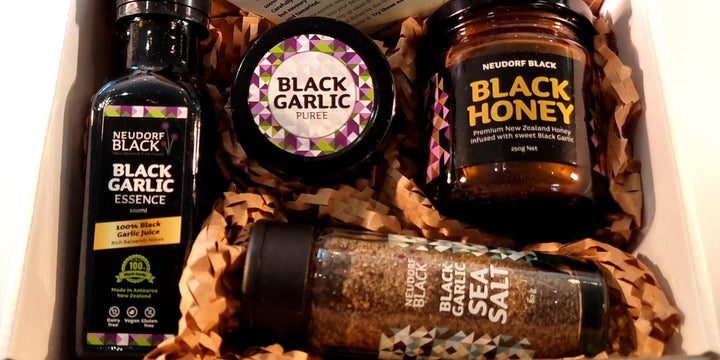 Black Garlic products arranged in a box ready for gifting