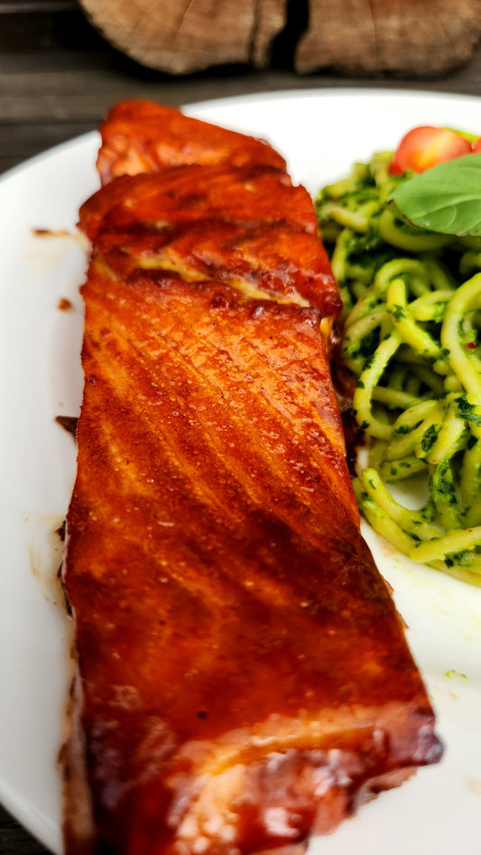 Cooked salmon glazed with Black Garlic Honey from Neudorf Black