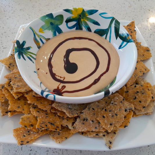 Black honey whipped feta in a bowl