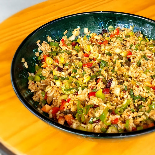 brown rice salad in a large bowl ready to serve