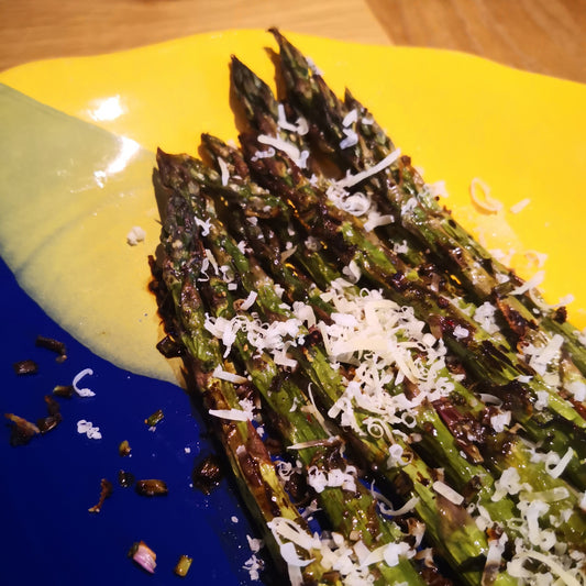 asparagus spears roasted in black garlic essence