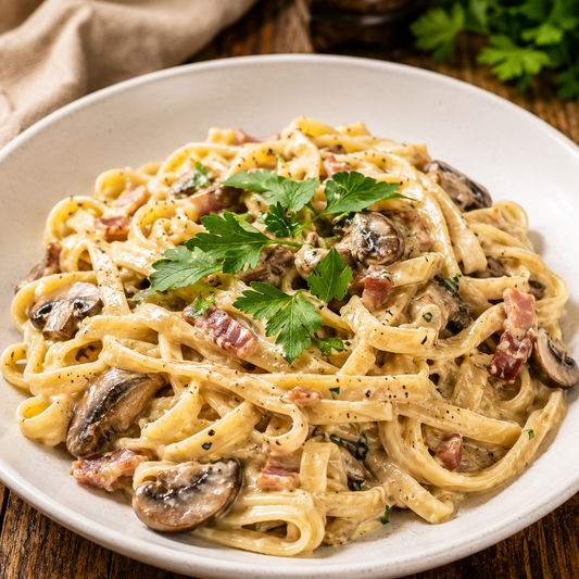 creamy black garlic carbonara with mushrooms