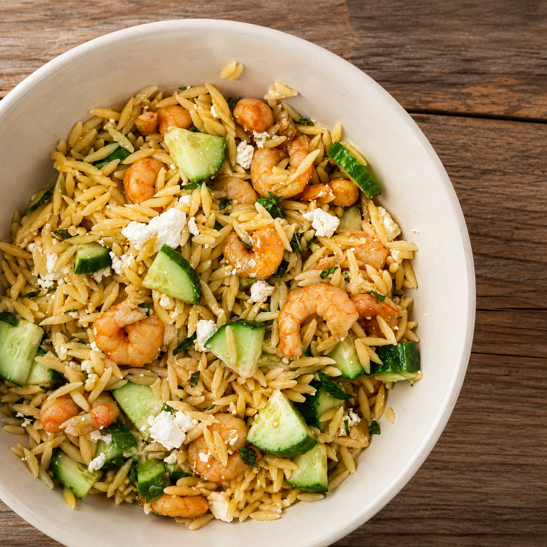 Black Garlic Prawn Orzo Salad with Feta and Cucumber in a bowl