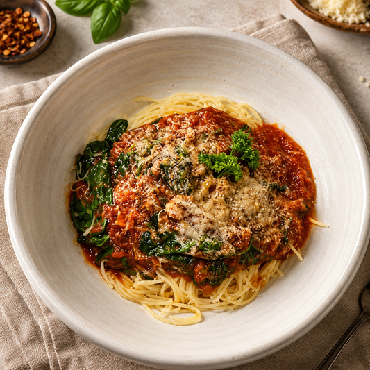 Bowl of spaghetti al sugo topped with parmesan and fresh basil in a rich black garlic tomato sauce