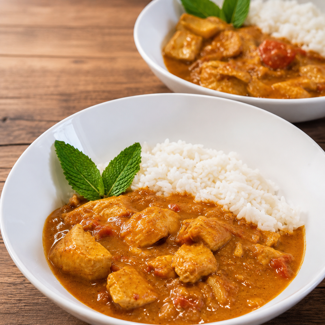 black garlic fish curry sauce and rice in bowls