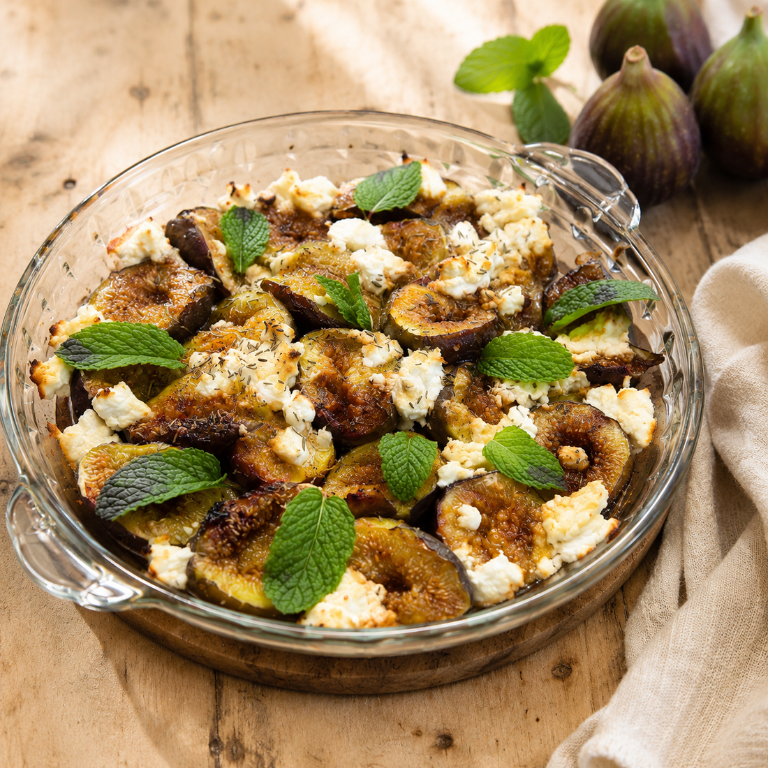 baked figs with black garlic balsamic glaze and feta