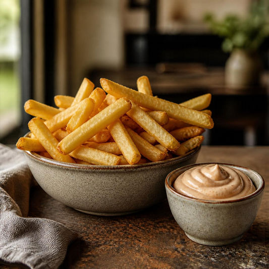 french fries with black garlic mayo beside it in a bowl