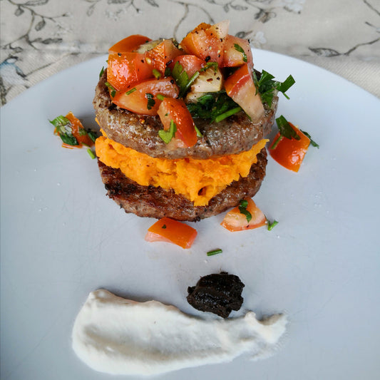 Burger Stack with Black Garlic Puree and Fresh Horseradish Cream
