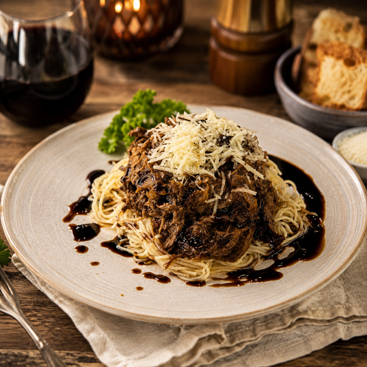Slow Cooker Black Garlic Beef Ragu over pasta on a white plate