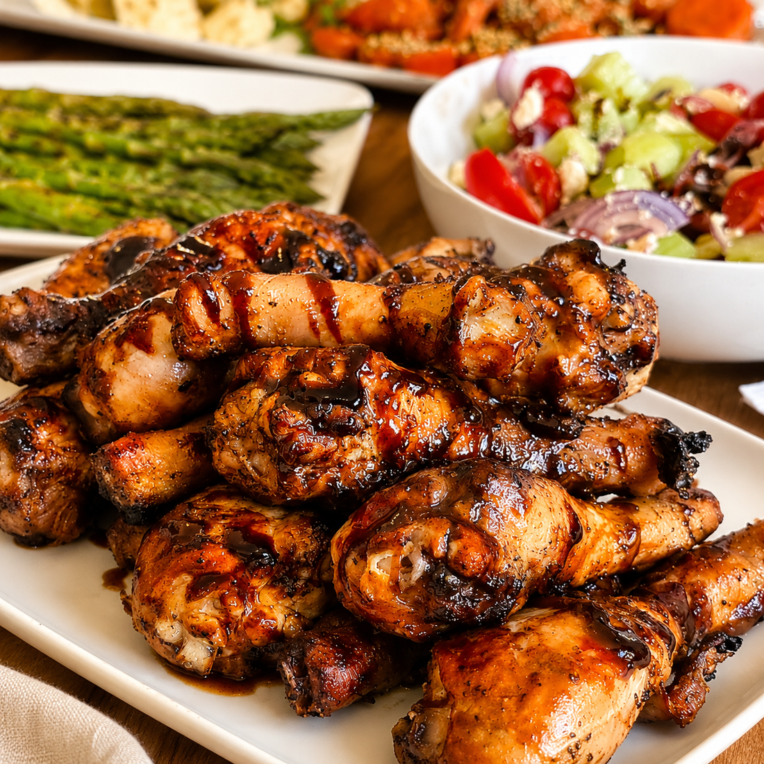 chicken drumsticks with black garlic bbq sauce on top