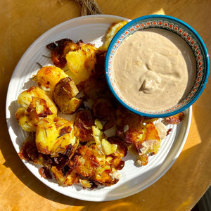 Black Garlic Aioli with Smashed Potatoes