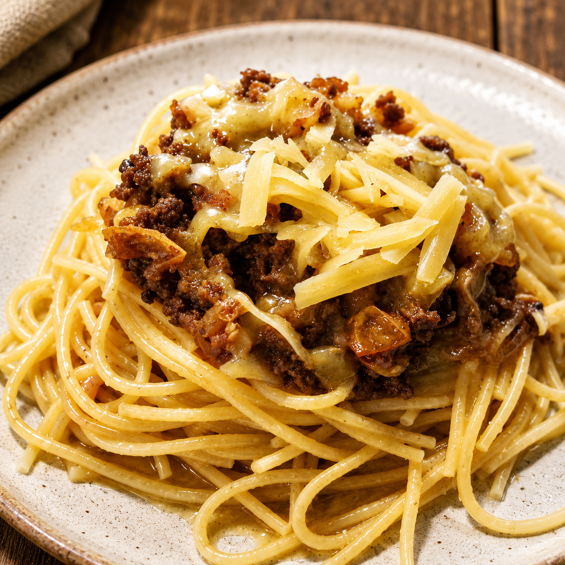 black garlic bolognese on spaghetti
