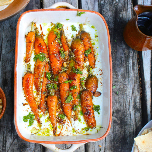 Black Honeyed Carrots with Whipped Feta and Carrot Top Pesto