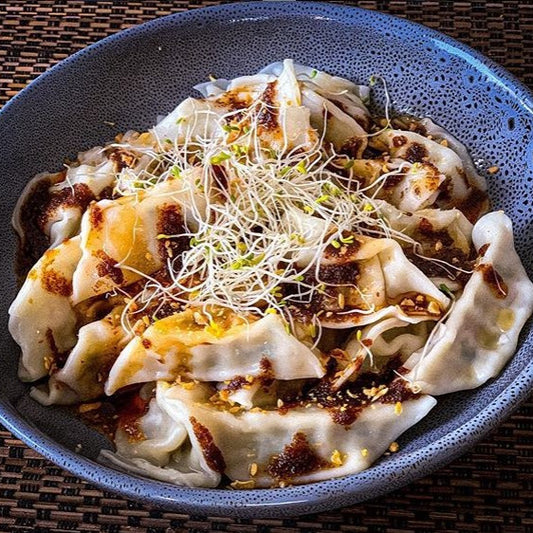 Vegan Dumplings with Black Garlic Essence and Sesame Oil