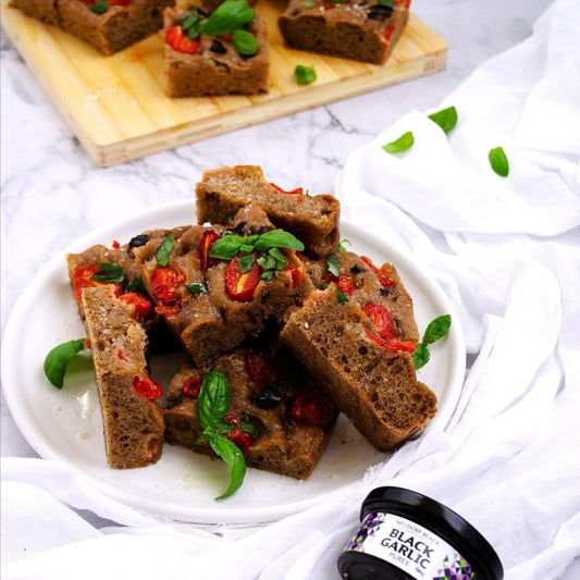 Black Garlic, Cherry Tomato and Basil Focaccia