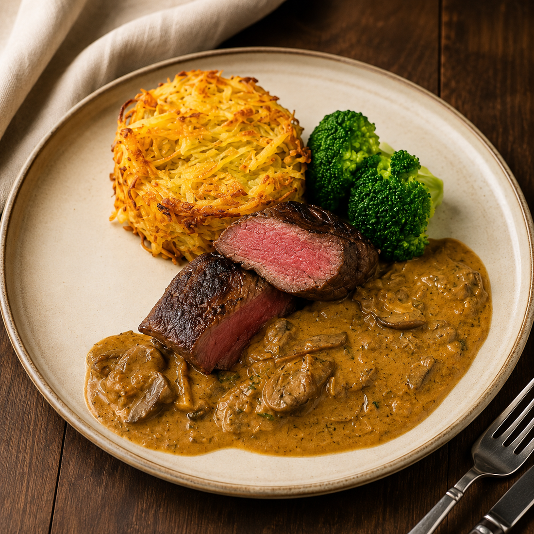 black garlic mushroom sauce served with steak