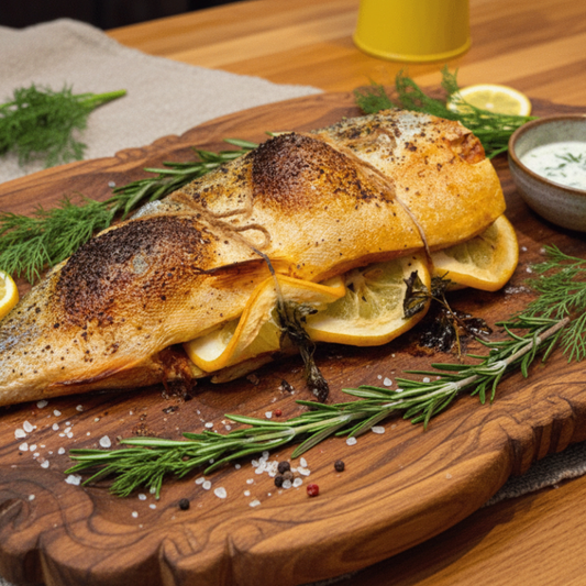 whole roasted salmon still tied with string and stuffed with lemon on a wooden platter