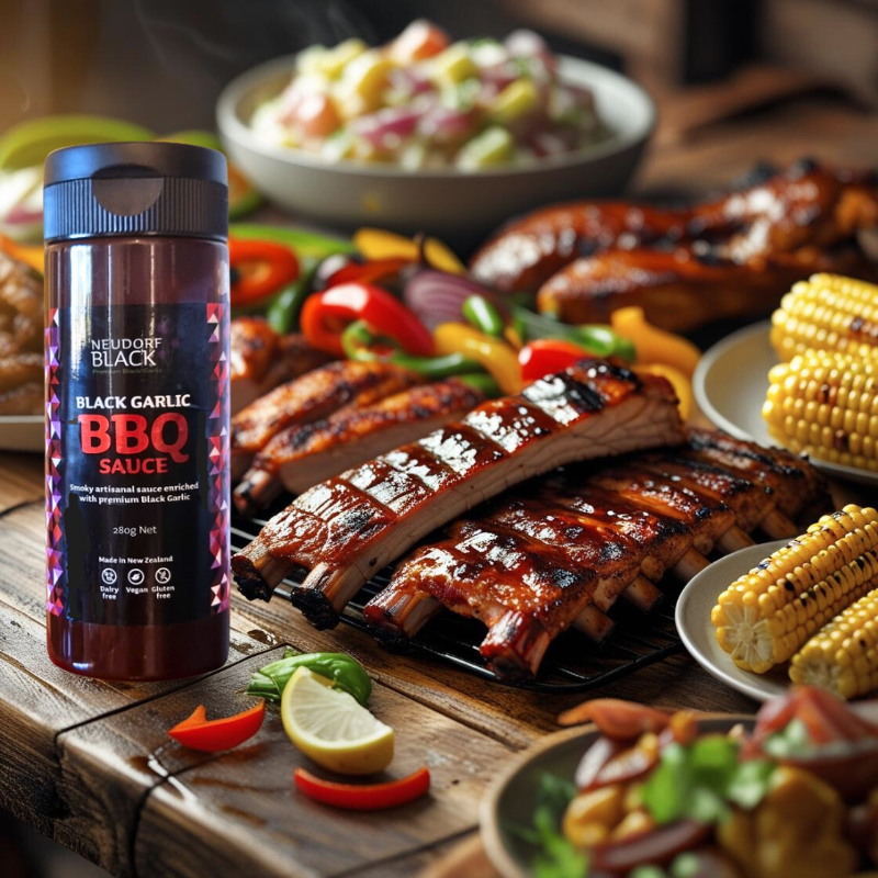 280gm bottle of black garlic BBQ sauce on Ai generated table of BBQ food