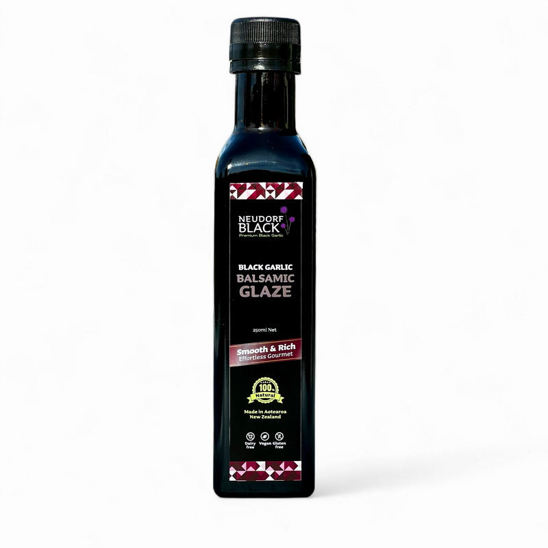 Bottle of Neudorf Black Black Garlic Balsamic Glaze on a white background