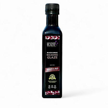 Bottle of Neudorf Black Black Garlic Balsamic Glaze on a white background