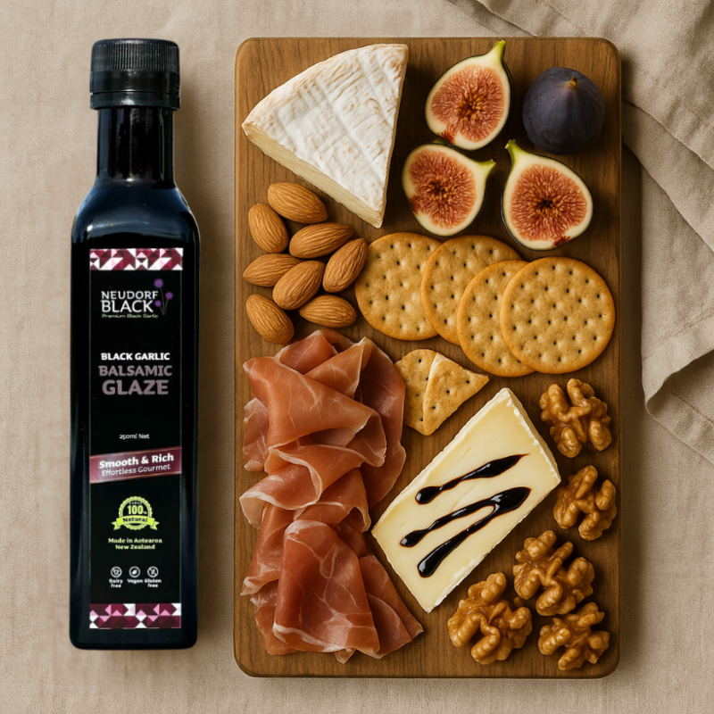 Neudorf Black Garlic Balsamic Glaze bottle with a charcuterie board featuring cheese, figs, crackers, and prosciutto.