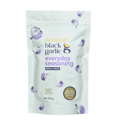 A 250g stand-up pouch of Neudorf Black Garlic Everyday Seasoning refill pack, featuring a white background with purple garlic illustrations 