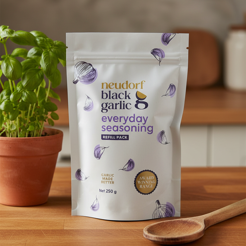 A stand-up pouch of Neudorf Black Garlic Everyday Seasoning refill pack standing on a wooden countertop, with a potted basil plant on the left and a wooden spoon on the right. 