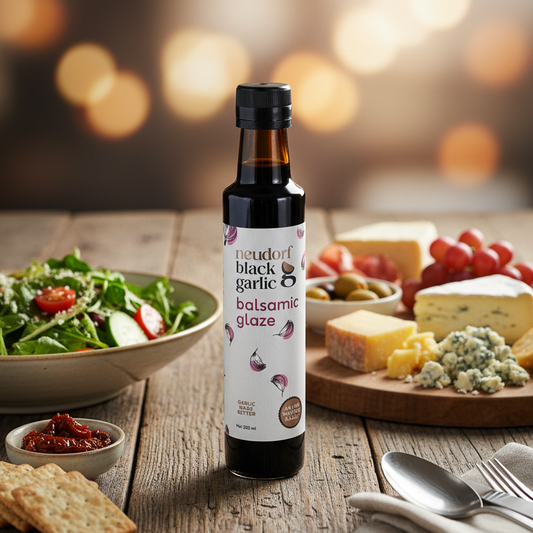 A bottle of Neudorf Black Garlic Balsamic Glaze stands on a rustic wooden table surrounded by food props, including a salad, crackers, cheese, olives, and grapes, with a warm blurred bokeh background.