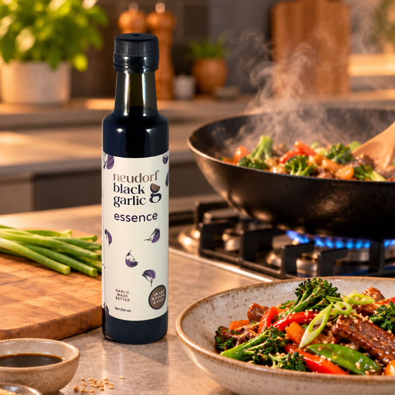 A bottle of Neudorf Black Garlic Essence stands on a kitchen counter beside a frying pan with cooking vegetables and a bowl of prepared food. The product bottle has a black cap and a white label with black text and small dark purple garlic illustrations.