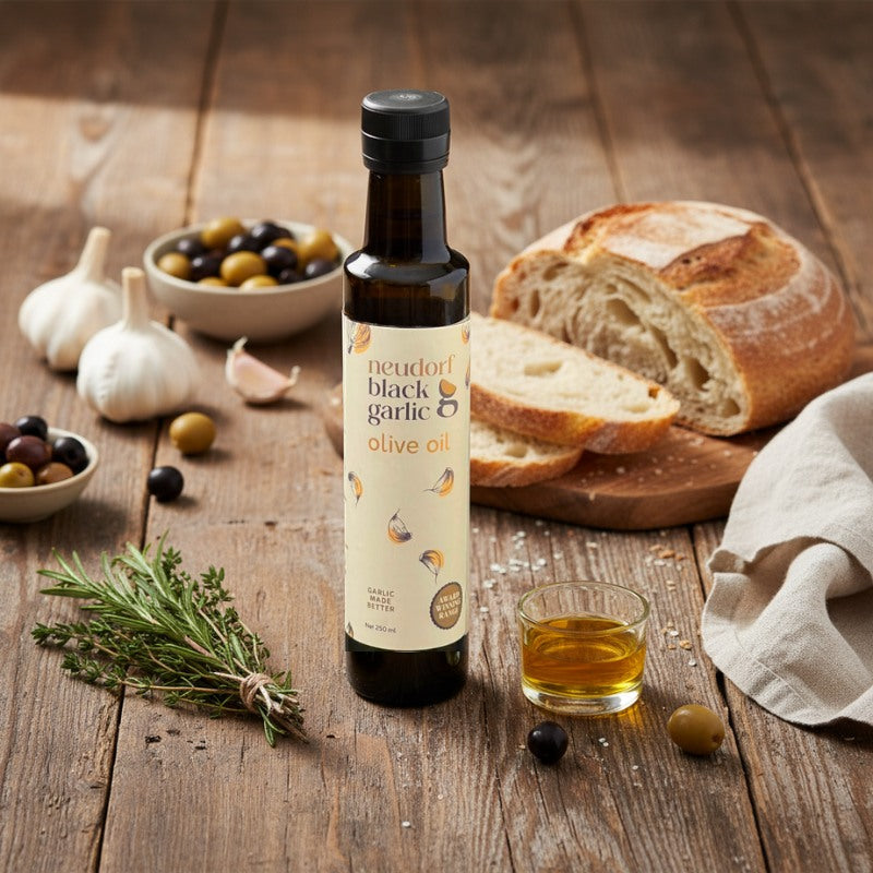 A bottle of Neudorf Black Garlic Olive Oil stands on a rustic wooden table, surrounded by bread, garlic, olives, fresh thyme, and a small glass of the golden oil.