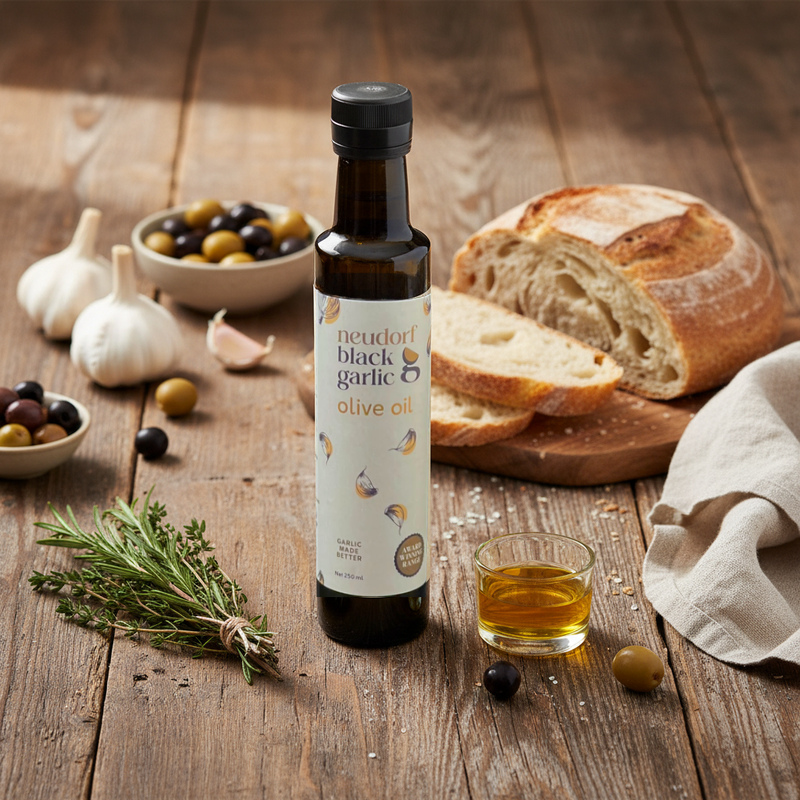 A bottle of Neudorf Black Garlic Olive Oil stands on a rustic wooden table, surrounded by bread, garlic, olives, herbs, and a small glass of the golden oil.