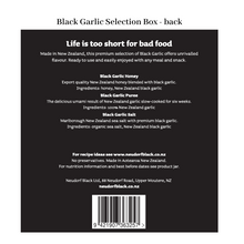 photo of the text on the back of the black garlic selection pack which explains a little about each product and with the neudorf black website address.