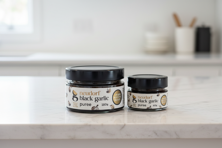 Neudorf Black Garlic Puree Jars on Kitchen Bench